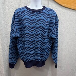 Vtg Neiman Marcus Mens XL Blue Black Zig Zag Knit Sweater Long Sleeve‎ 100% Wool
